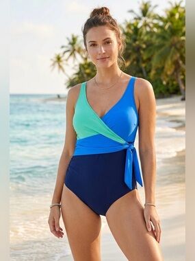 Colorblock Wrap One-Piece Swimsuit in Aqua, Royal & Navy size 14
